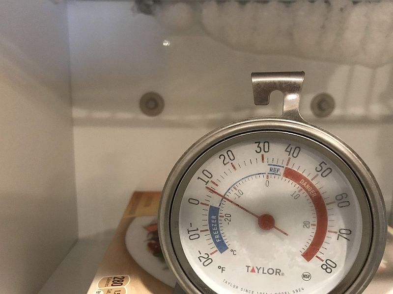 The RV Inspector will place thermostats in both the freezer, the refrigerator and the oven. This gauge is in the freezer.